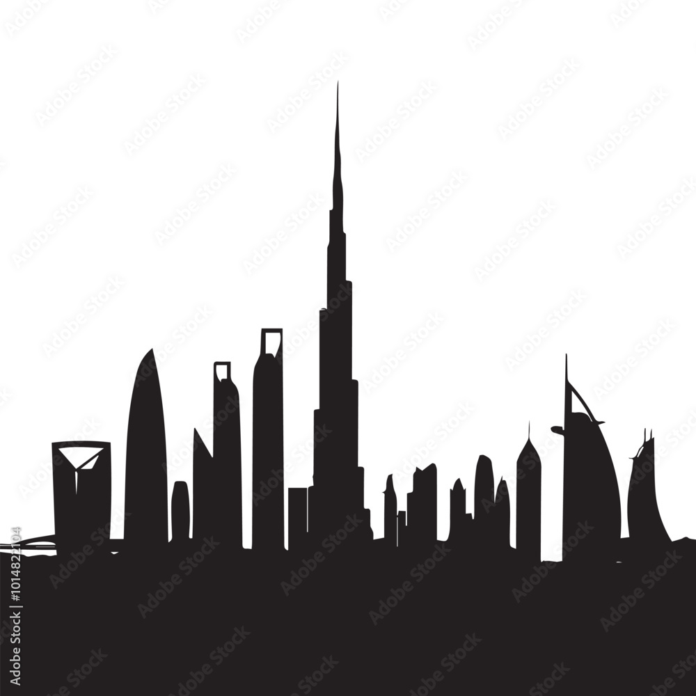 Obraz premium Dubai skyline silhouette with iconic buildings and landmarks in monochrome.