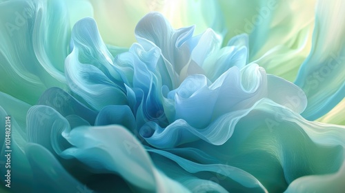 A digital rendering of a blooming abstract flower with soft, flowing petals in shades of blue and green, creating a calm and soothing effect