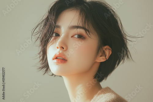 Stylish young japanese woman with short messy hair and soft makeup