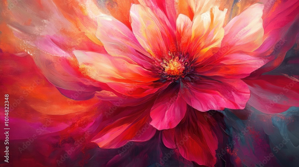 A dynamic abstract flower blooming in a burst of colors, with radiant petals in shades of pink, red, and orange, evoking energy and beauty A dynamic abstract flower blooming in a burst of colors, with radiant petals in shades of pink, red, and orange, evoking energy and beauty