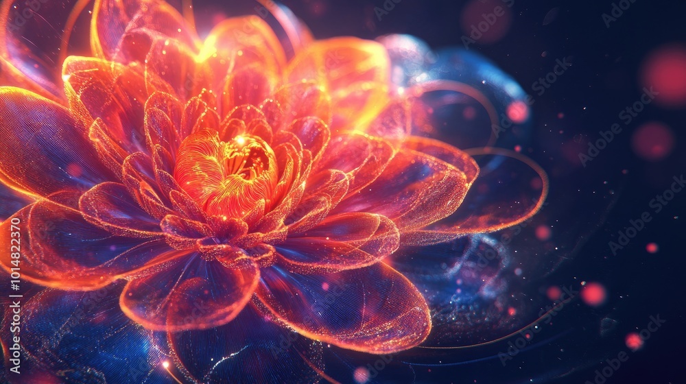 A glowing abstract flower in bloom, with intricate patterns and radiant colors merging to form a captivating and energetic visual A glowing abstract flower in bloom, with intricate patterns and radiant colors merging to form a captivating and energetic visual