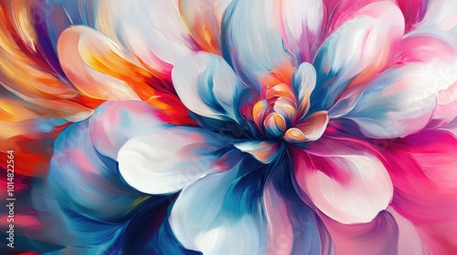 A stunning abstract blooming flower with swirling petals in bold colors, blending seamlessly to create a vibrant and captivating image