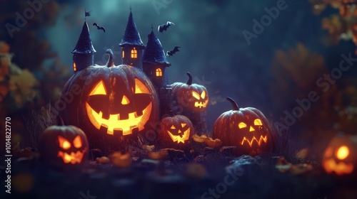 Spooky halloween illustration, pumpkins castle, dark, cartoon style for kids. High quality photo