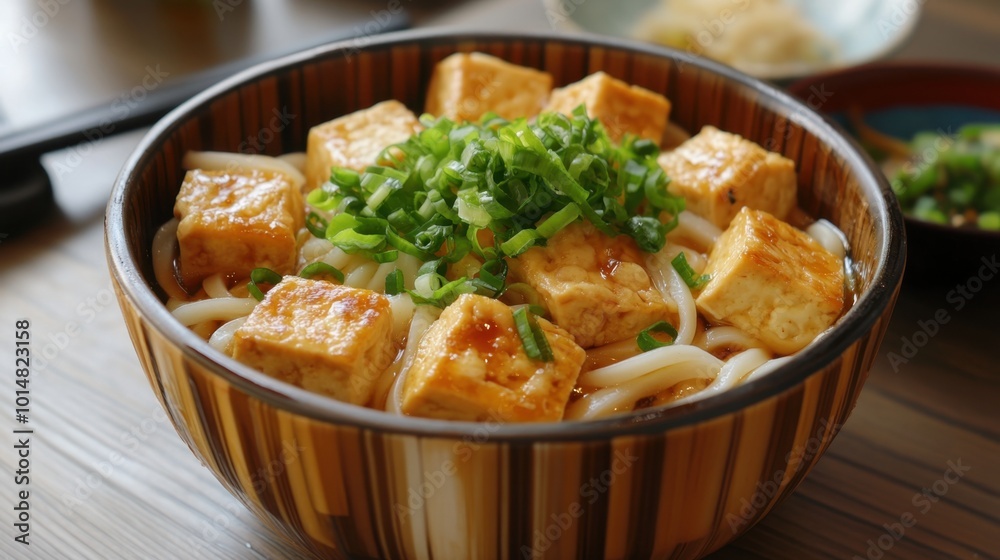 A bamboo noodle bowl filled with udon noodles and tofu, topped with a sprinkle of fresh green onions A bamboo noodle bowl filled with udon noodles and tofu, topped with a sprinkle of fresh green onions