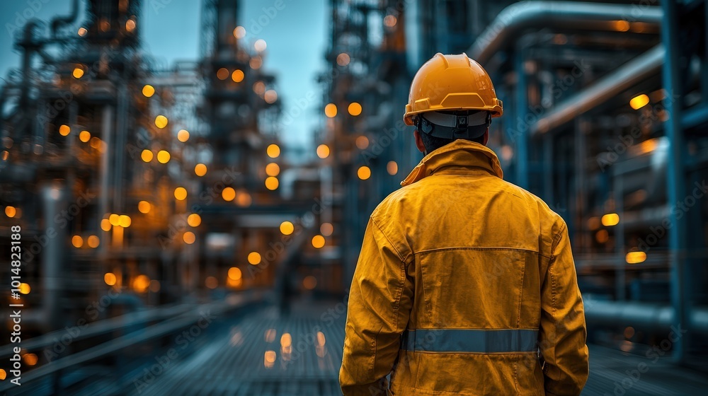 A worker dressed in protective gear stands focused in an industrial setting, representing human labor and industry.