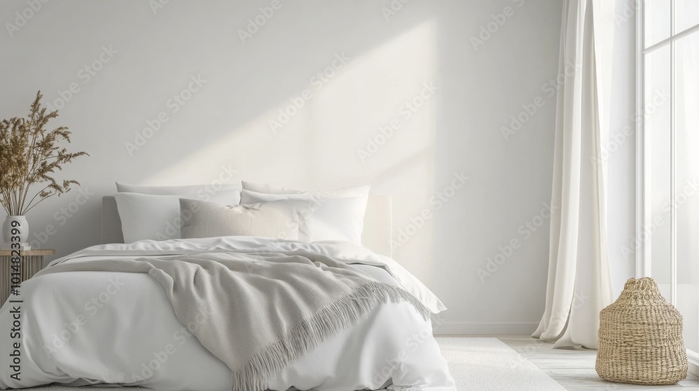 A bright, minimal bedroom features a large bed with soft blankets, natural light pouring in through sheer curtains, and a woven basket beside it, creating a serene and inviting atmosphere. A bright, minimal bedroom features a large bed with soft blankets, natural light pouring in through sheer curtains, and a woven basket beside it, creating a serene and inviting atmosphere.