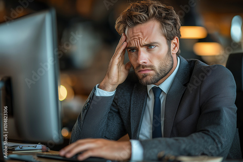 A man sits in front of a computer with his head propped up by his hand. Concept of solving a problem. Thinking about a task.