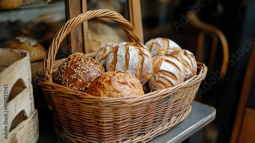 A brown basket filled with freshly baked pastries, with detailed textures of the bread and wicker