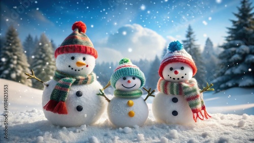 Snowman family playing in winter snow , snowman, family, winter, snow, fun, happiness, playing, cold, seasonal, holiday, Christmas