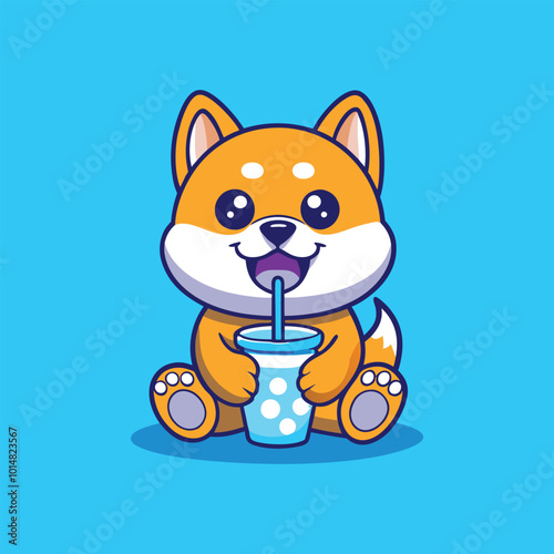Cute Cartoon Shiba Inu Dog Drinking Boba Tea.
