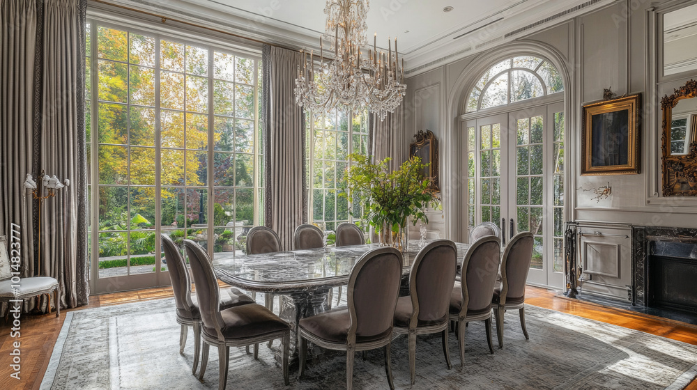 Obraz premium Elegant Dining Room with Large Windows and Luxurious Decor: A Perfect Setting for Memorable Gatherings