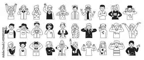 Boys and girls expressing various emotions linear icons collection. Kids showing nonverbal communication and body language characters set