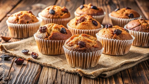 Delicious bran and raisin muffins on a wooden table, healthy, homemade, breakfast, snack, baked, pastry, food, raisins, bran