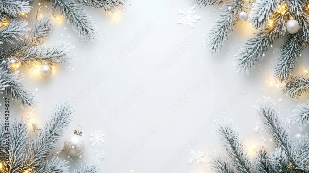 White Christmas background with spruce frosty brunches and Christmas lights White Christmas background with spruce frosty brunches and Christmas lights