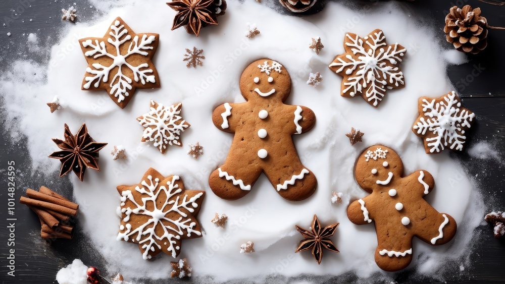 Fototapeta premium A festive arrangement of gingerbread cookies and snowflakes on a snowy surface.