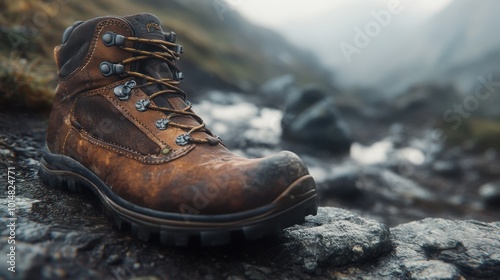 A brown hiking boot resting on a rocky trail, with detailed textures of the leather and laces