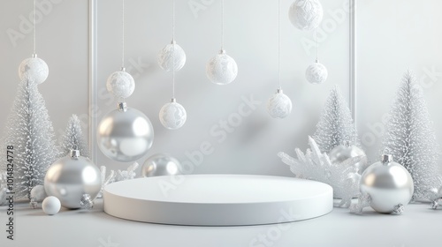 White podium with white background and christmas ornament decoration , front view , for product advertising , holiday content