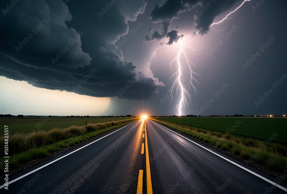 A lightning bolt strikes the ground in the middle of a highway A lightning bolt strikes the ground in the middle of a highway