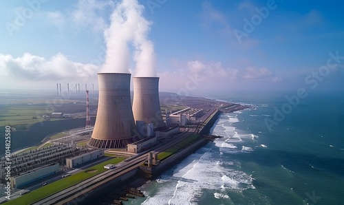Coastal Power Plant Aerial View with Steam