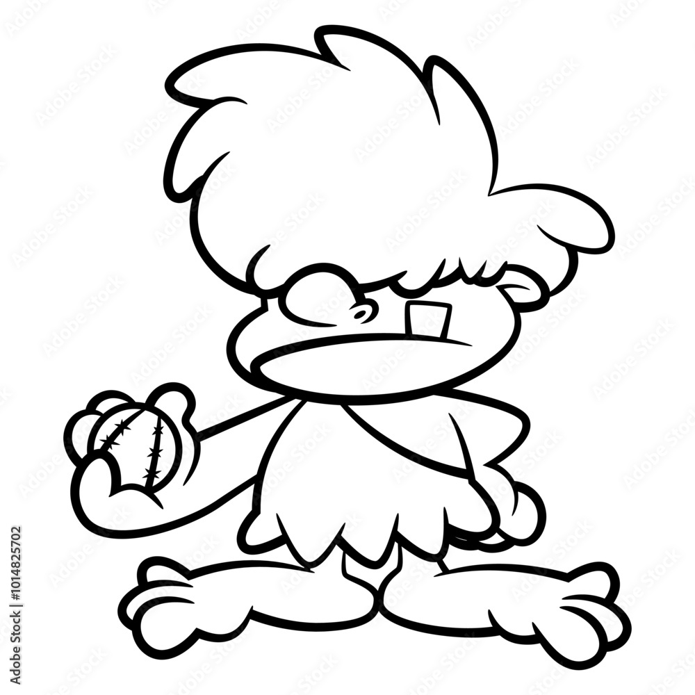 Little Caveman cartoon characters wearing leather clothes and playing a ball. Best for outline, logo, and coloring book with prehistoric themes for kids