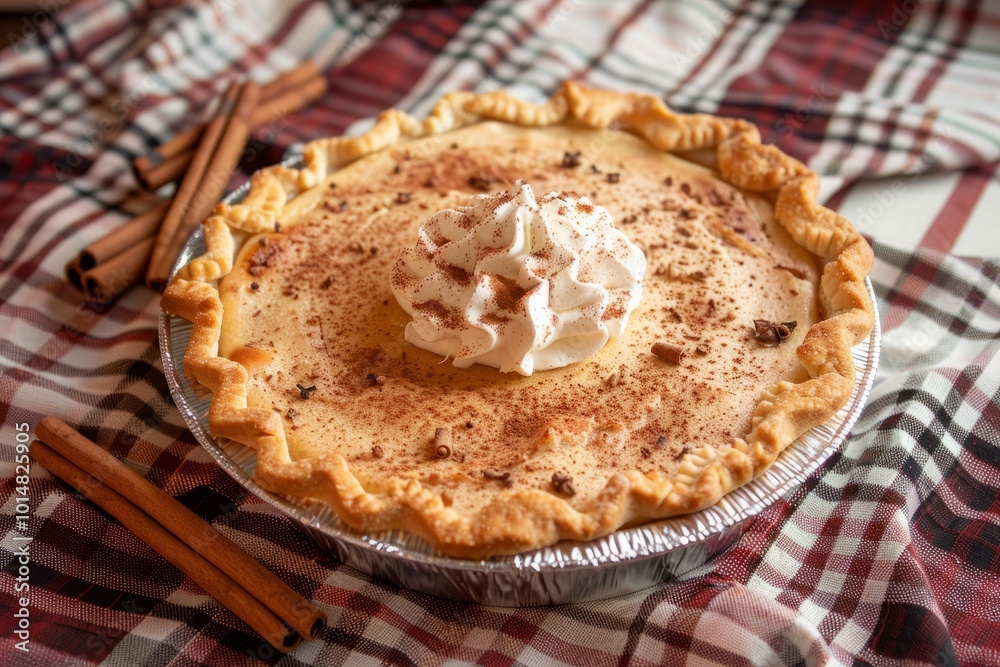 Homemade pumpkin pie with a golden-brown crust whipped cream and cinnamon sticks on a plaid tablecloth Homemade pumpkin pie with a golden-brown crust whipped cream and cinnamon sticks on a plaid tablecloth