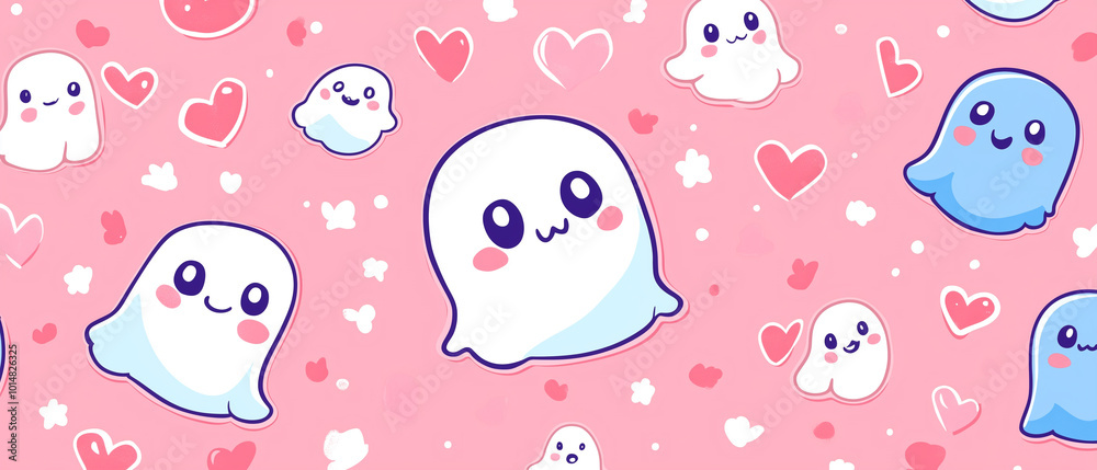 Halloween style pattern wallpaper. Cartoon character background. illustration of cute ghosts with hearts at the colorful background Halloween style pattern wallpaper. Cartoon character background. illustration of cute ghosts with hearts at the colorful background