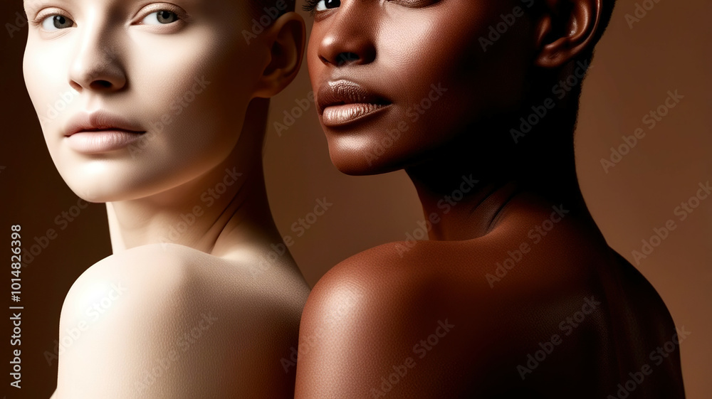 Two women with different skin tones stand side by side Two women with different skin tones stand side by side