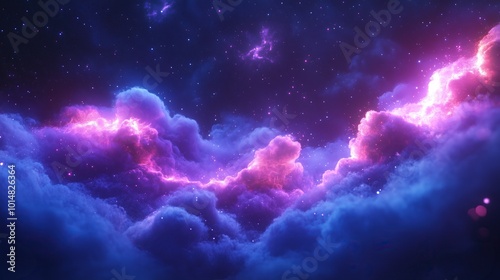 Abstract background in blue and purple neon glow colors.