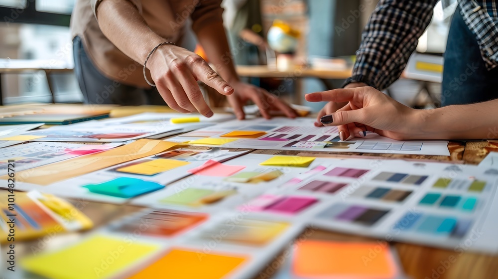Fototapeta premium Creative Design Collaboration - Office Desk Workspace with Swatches and Sticky Notes