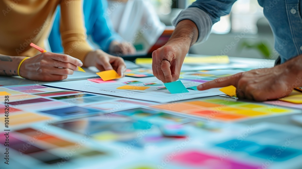 Obraz premium Creative Team Brainstorming with Color Samples and Sticky Notes