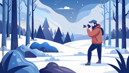 Photographer Capturing Winter Scenes in a Frozen Forest. Perfect for: Winter solstice, Winter holidays