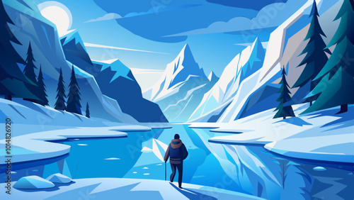 Lone Traveler Walking on Frozen River with Snowy Mountains. Perfect for: Winter solstice, Outdoor adventures, Winter holidays