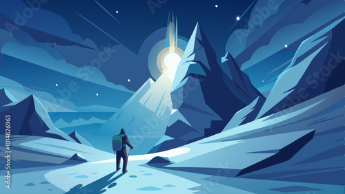 Lone Wanderer with Flashlight on Snowy Mountain Path. Perfect for: Winter solstice, Winter exploration, Nighttime adventures