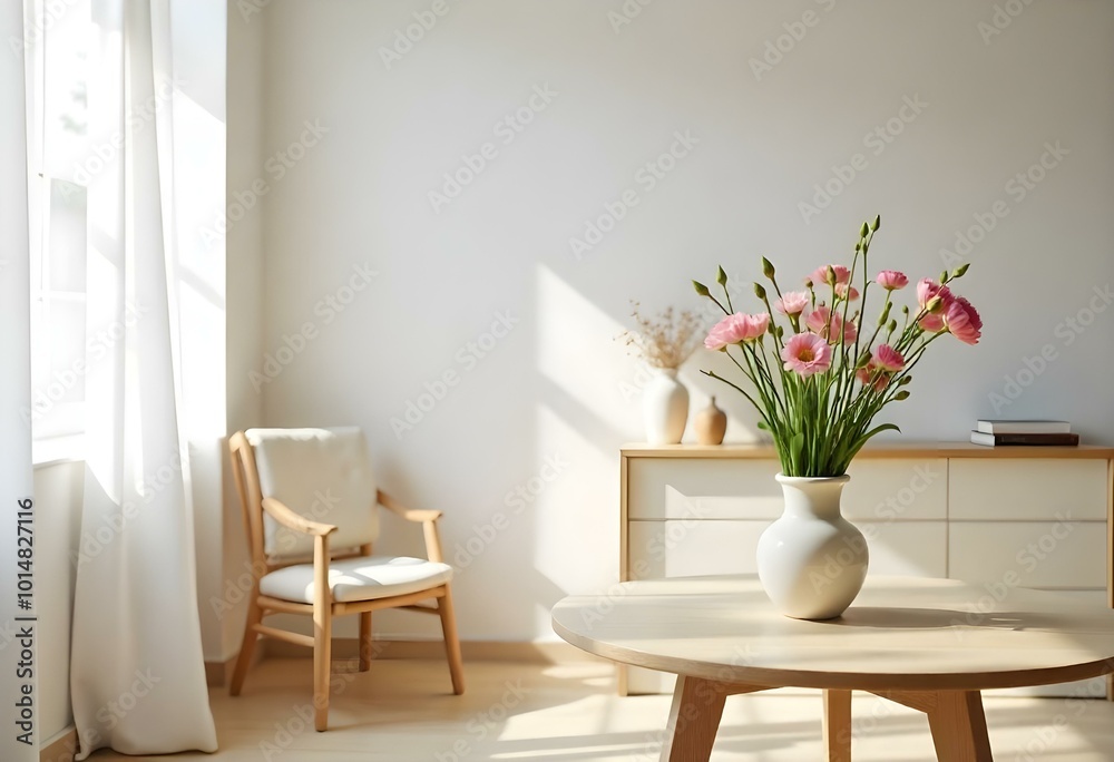 minimalist room styled for spring with a fresh flower arrangement on a table, light streaming in through sheer curtains, and light wood furniture create with ai minimalist room styled for spring with a fresh flower arrangement on a table, light streaming in through sheer curtains, and light wood furniture create with ai