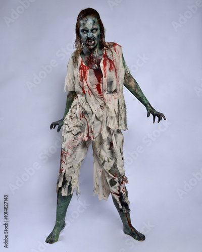 portrait of scary female model wearing spooky halloween costume wearing, ripped clothes and fake blood like an undead apocalyptic zombie character. Isolated walking figure on dark studio background photo