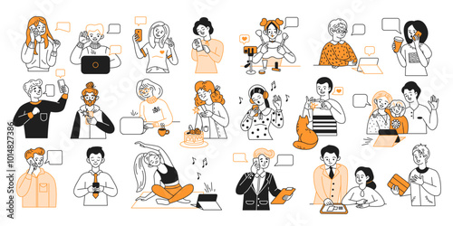 People using smartphones in various situations color line vector icons set. Adults with smartphones everyday life characters collection