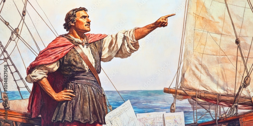 Obraz premium [Columbus pointing toward the horizon, surrounded by navigational charts and the sails of his ship], on a white background, high resolution, high detail, 