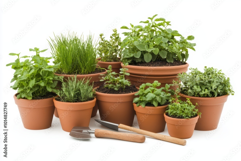 A collection of various herbs and plants in terracotta pots, with gardening tools placed nearby, showcasing vibrant greenery and healthy growth. A collection of various herbs and plants in terracotta pots, with gardening tools placed nearby, showcasing vibrant greenery and healthy growth.