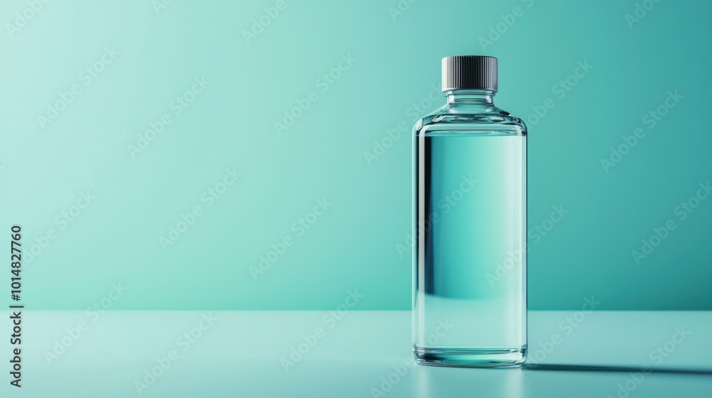 Clear Bottle with Micellar Water on Teal Background Clear Bottle with Micellar Water on Teal Background