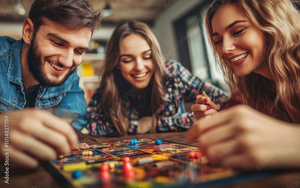 Fototapeta premium Three friends enjoying a board game night, smiling and engaged in friendly competition.