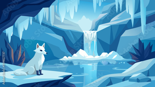 Snow-White Fox by Frozen Waterfall in Winter Scene. Perfect for: Christmas, Winter Solstice, Winter wilderness