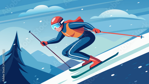 Solo Skier Speeding Down Snowy Slope in Winter. Perfect for: Winter Olympics, Christmas, New Year's Eve, Ski Resorts