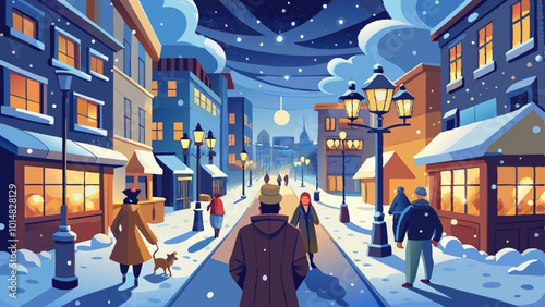 Snow-Covered City Streets with Streetlights and Winter Clothes. Perfect for: Christmas, New Year's Eve, Winter, Urban areas, City squares