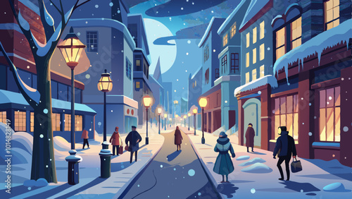 Snow-Covered City Streets with Streetlights and Winter Clothes. Perfect for: Christmas, New Year's Eve, Winter, Urban areas, City squares