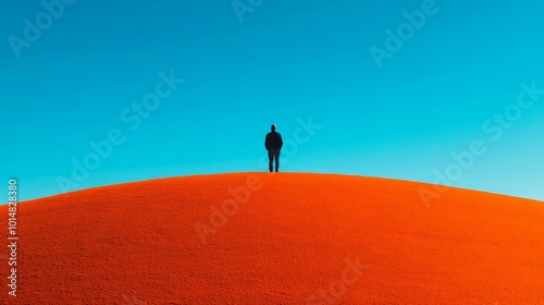 A man stands on a hill with a blue sky in the background