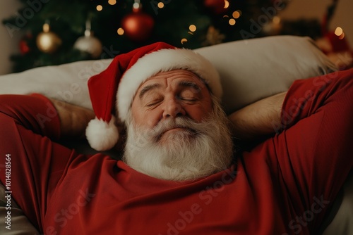 Relaxed man with white beard and Santa hat resting in front of a Christmas tree