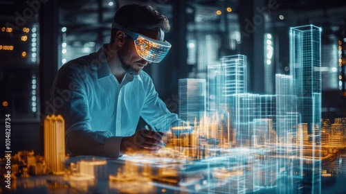 An architect employs augmented reality glasses to create glowing virtual buildings in a bustling, high-tech urban environment