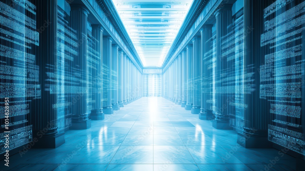 A futuristic corridor featuring glowing blue lights and tall pillars, creating an immersive digital atmosphere. A futuristic corridor featuring glowing blue lights and tall pillars, creating an immersive digital atmosphere.