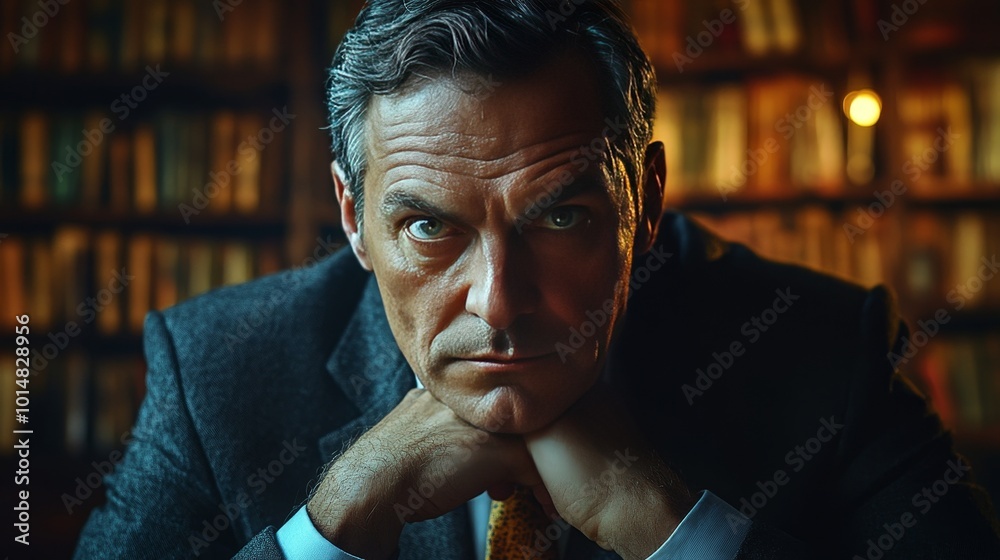 A man in a suit is sitting in a library with his hands on his knees A man in a suit is sitting in a library with his hands on his knees