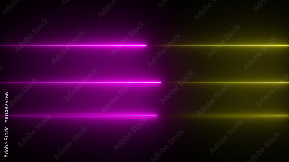 Abstract purple and yellow  neon lights animated on a dark background.